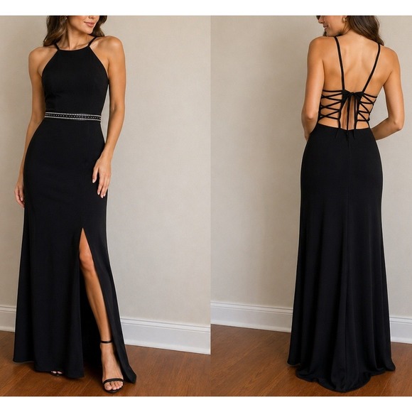 Morgan & Co. Dresses & Skirts - Morgan Co Open Corset Back Prom Dress 6 Halter Evening Gown Bead Elegant Glam